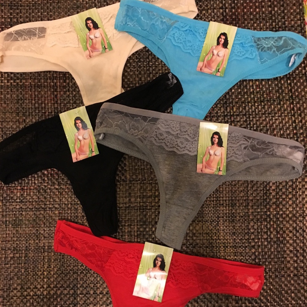 NWT lot 5 pr cotton/lace thong underwear Sz S.